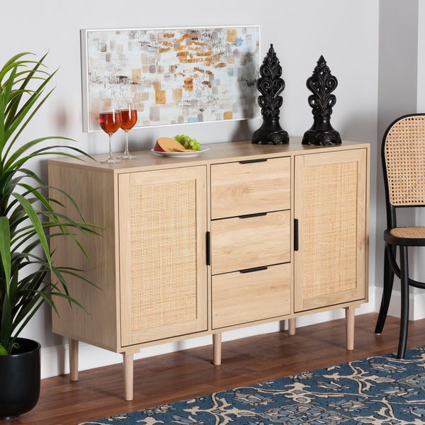 Baxton Studio Harrison MidCentury Modern Natural Brown Finished Wood and Natural Rattan 3Drawer Sideboard 223-12938-ZORO